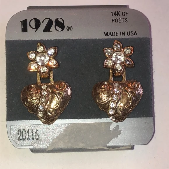 1928 Brand Vintage Gold Tone Rhinestone Heart Earrings - Picture 2 of 5